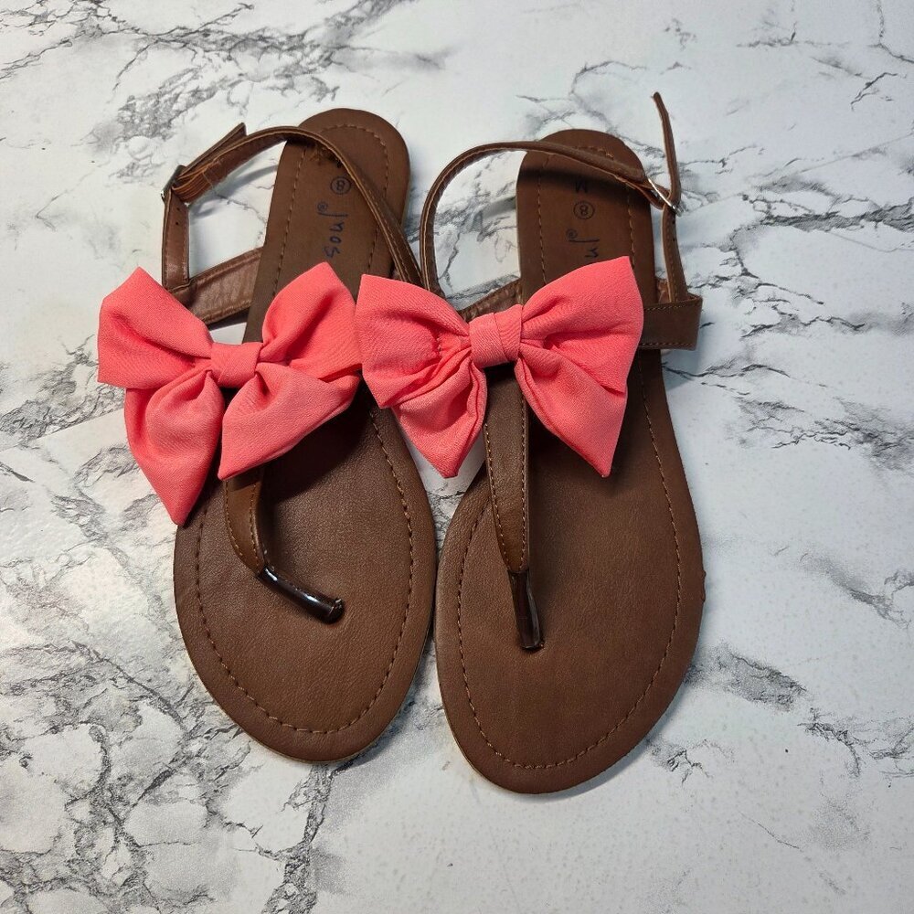 Indigo Soul 8 Brown Salmon Bow Adjustable Strappy Summer Sandals Flats